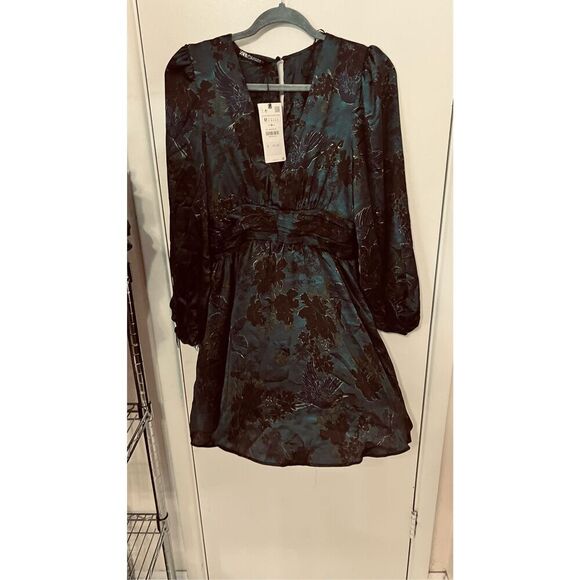 Zara Green Black Mini Draped Dress With Waist Details Womens Size M New - Picture 1 of 11